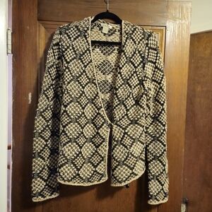 Lucky Brand Black Tan and Gold Patterned Cardigan, Sz L, Button